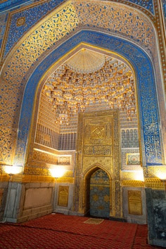 Inside of a blue and gold temple